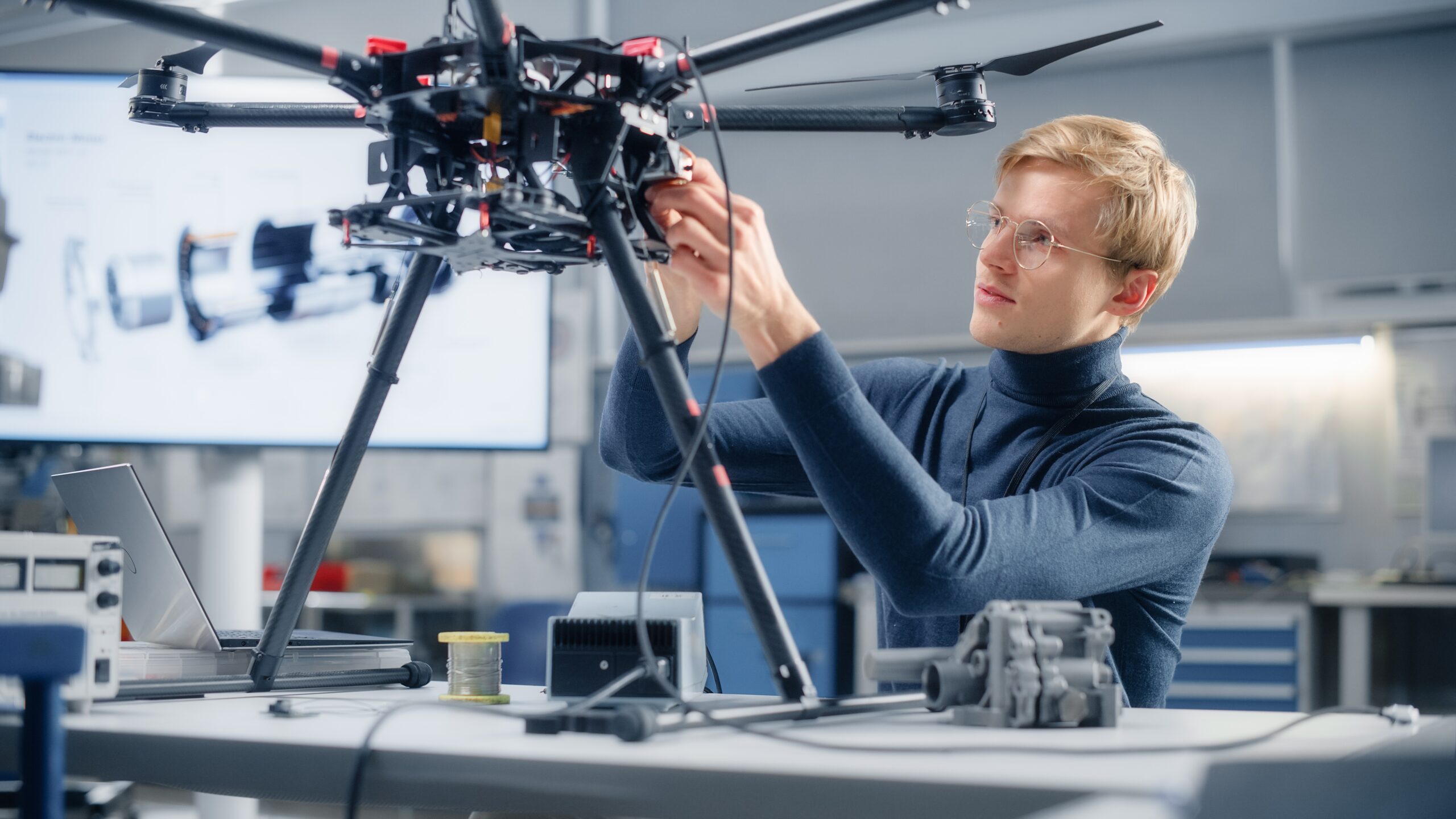 un homme est en train de travailler sur un drone