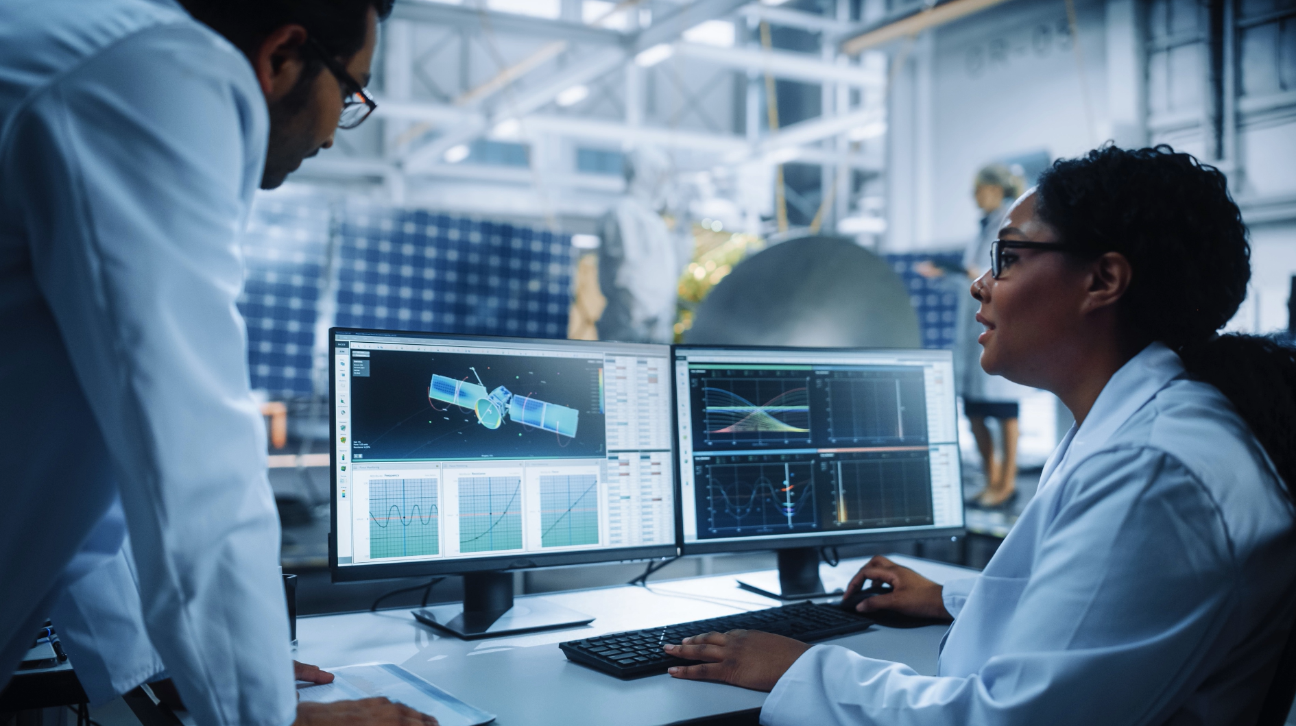 équipe travaillant sur un satellite