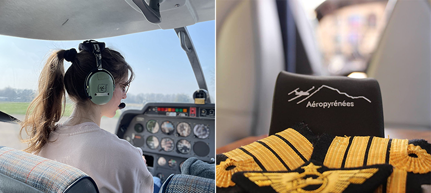Sur la première photo, une femme à bord du cockpit d'un avion, casque sur la tête. Sur la seconde, le logo d'Aéropyrénées avec des écussons de pilotes.
