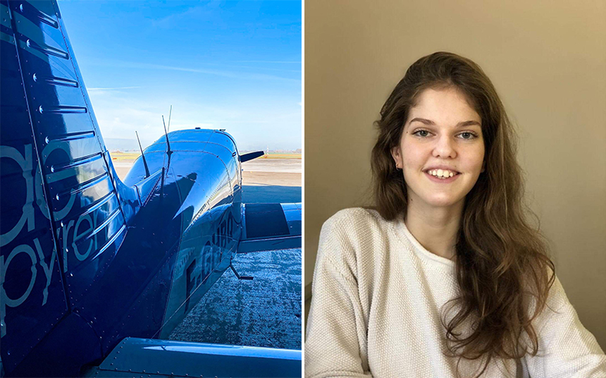 Sur la première photo, un avion portant le logo d'Aéropyrénées. Sur la seconde photo, le portrait d'une ancienne étudiant de l'IPSA.