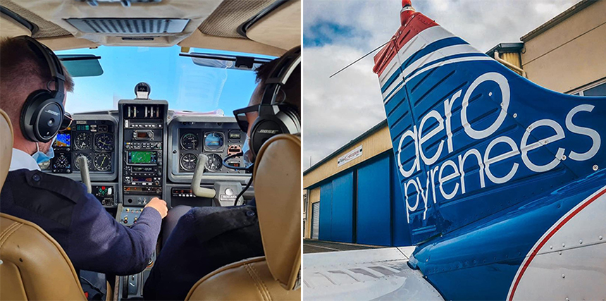 Sur la première image, deux pilotes à bord d'un avion en vol. Sur la seconde, un avion portant le logo d'Aéropyrénées.